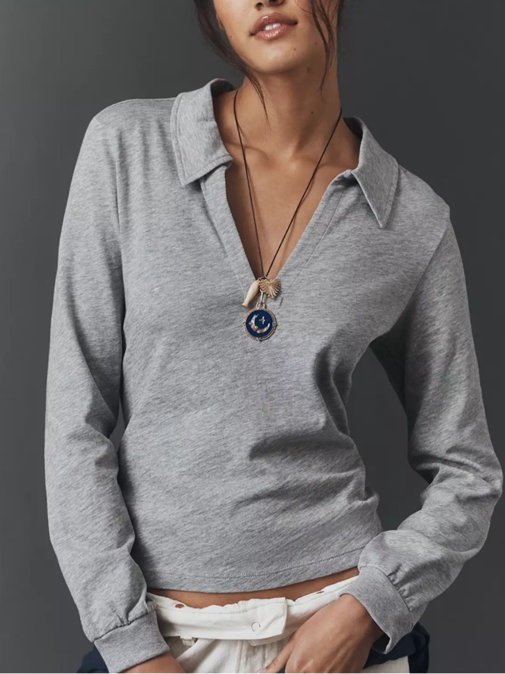 Nation LTD Gray Long Sleeve Polo Tee